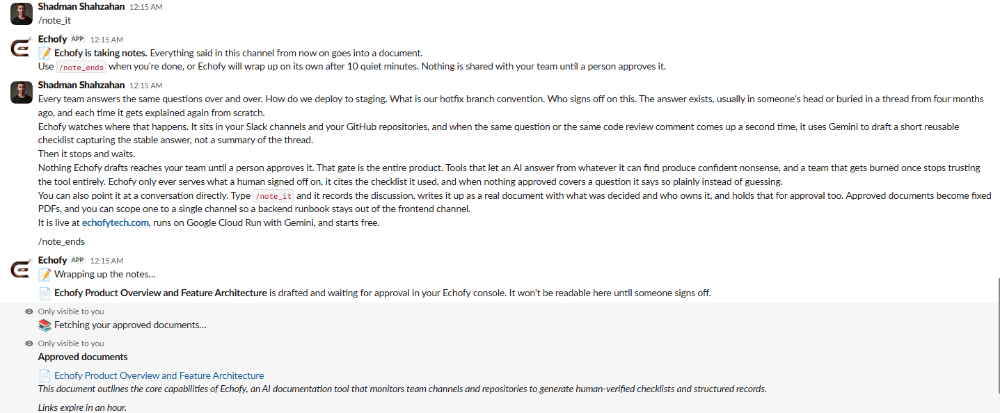 A Slack thread where /note_it starts recording, a discussion happens, and /note_ends produces a drafted document that Echofy says is waiting for approval and will not be readable until someone signs off.